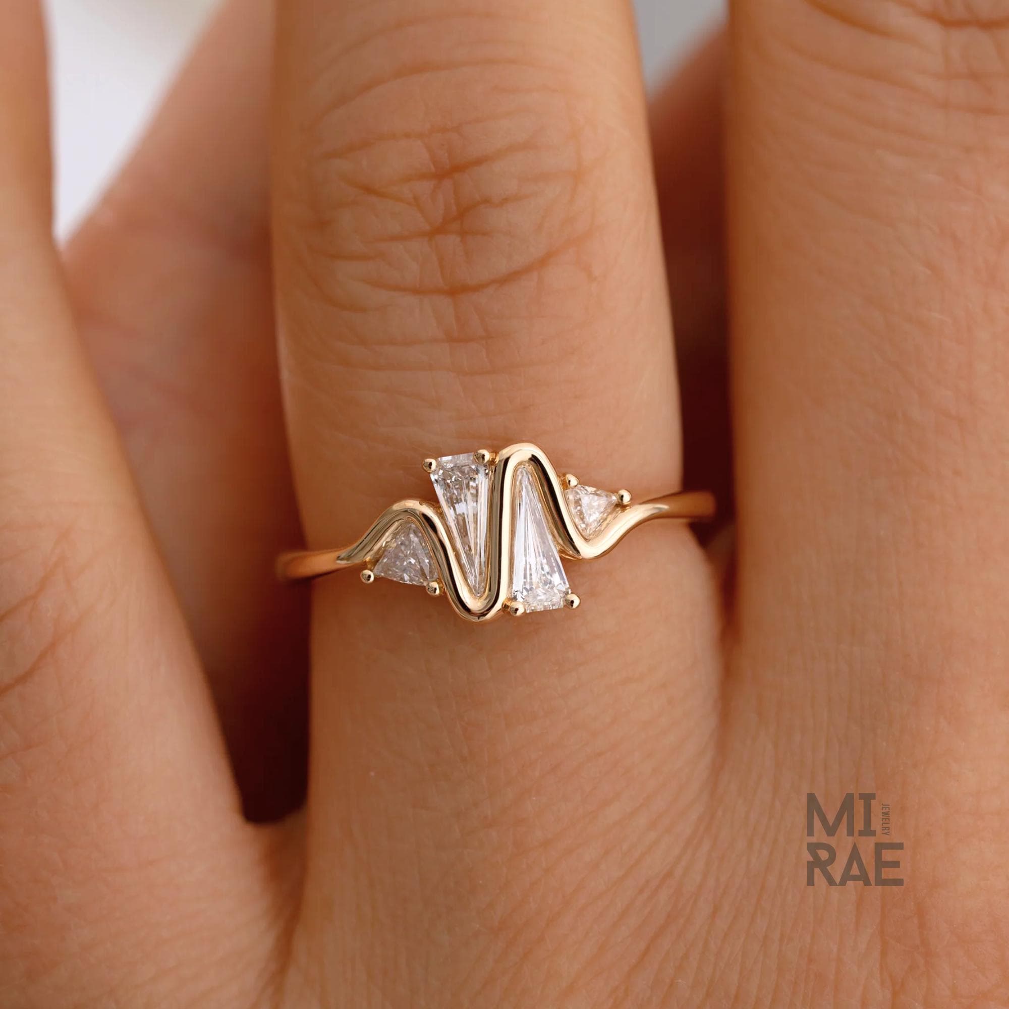 18K Gold Heartbeat Ring: Kite & Trillion Lab Diamonds, Geometric Wave Design