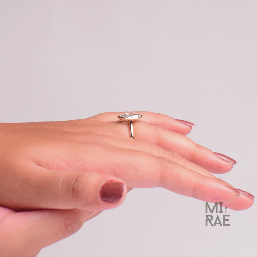 2 Carat Marquise Lab Created CVD Diamond Bezel Set Ring | 14K Gold Shank Engagement Ring | Vintage Modern Cathedral Bridal Jewellery