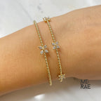 Beaded Diamond Butterfly Bracelet, Stackable Flower Bangle Bracelet, Premium 14K Solid Gold, Yellow White Rose, Flexible Diamond Bangle Gift