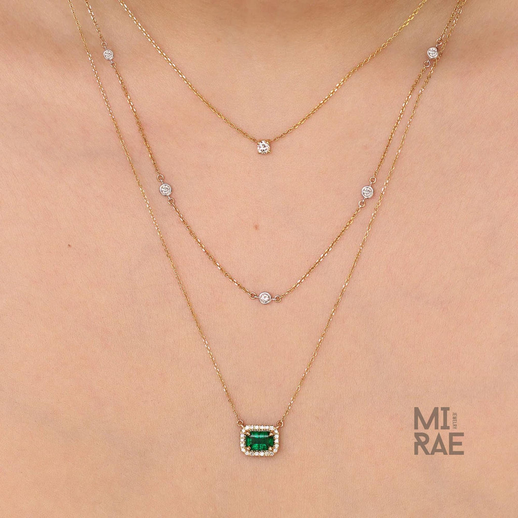 1 CT Natural Emerald Gemstone with Diamond Halo Pendant Necklace