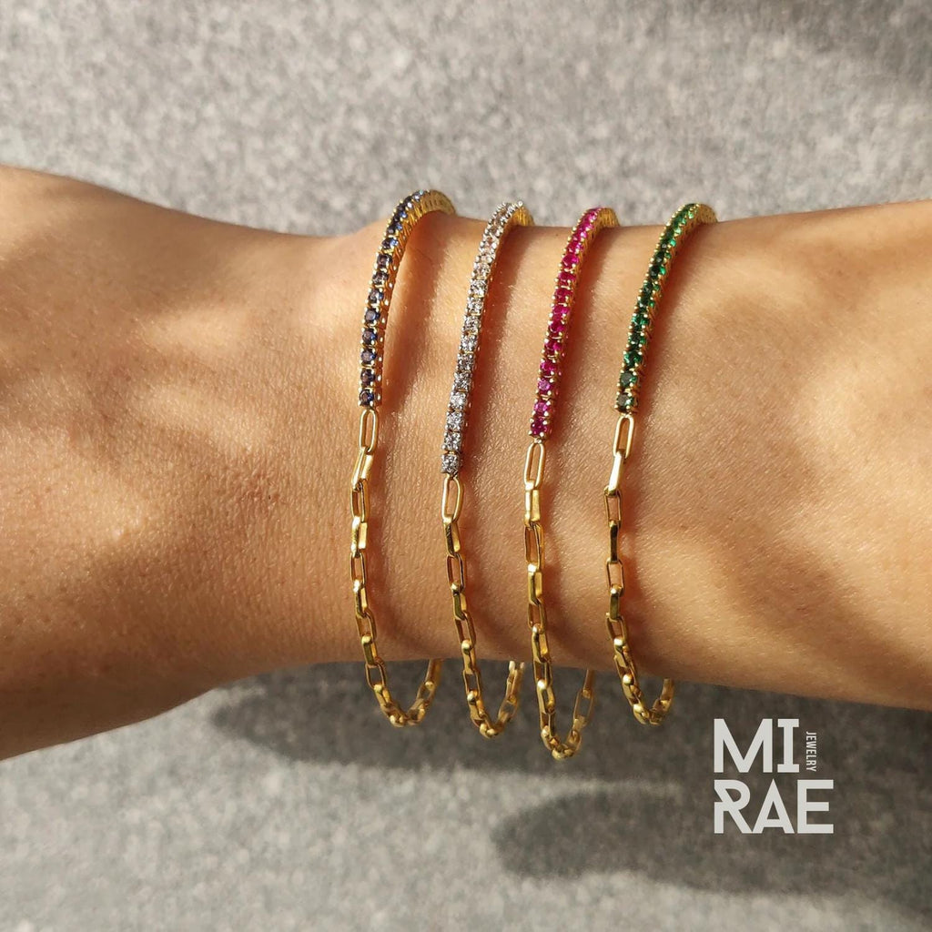 Half Tennis & Half Paperclip Chain Bracelet, Dainty Gold Minimalist Jewelry, Luxury Gift for Her, Stacking Adjustable Birthstone Link Chain