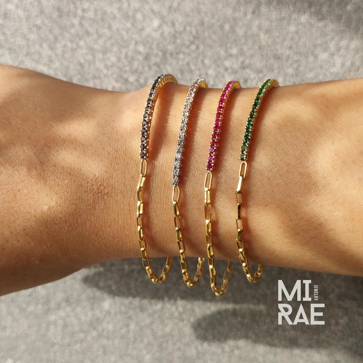 Half Tennis & Half Paperclip Chain Bracelet, Dainty Gold Minimalist Jewelry, Luxury Gift for Her, Stacking Adjustable Birthstone Link Chain