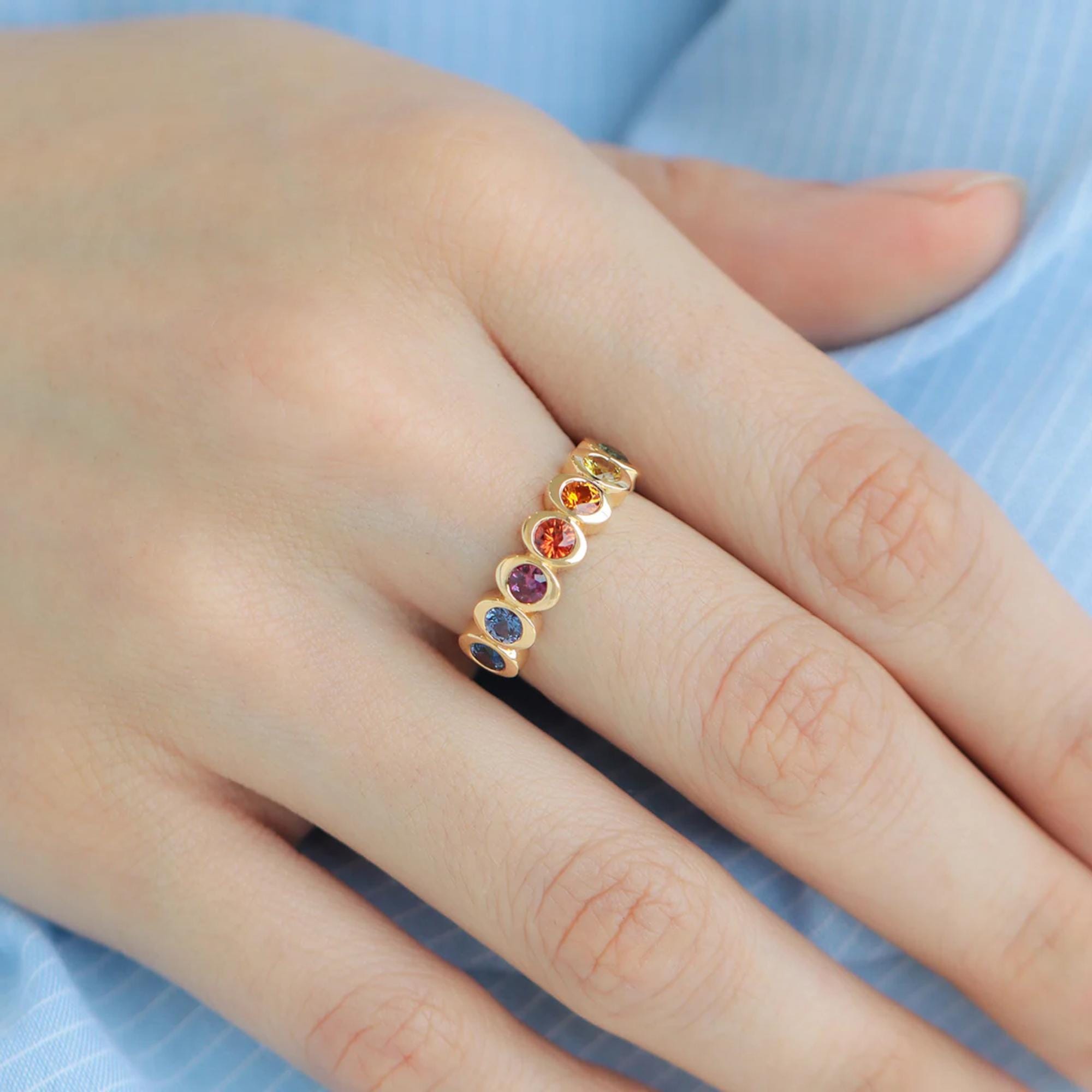 14K Yellow Gold Rainbow Natural Sapphire Multi Color Ring | Prismatic Colorful Gemstone Band | Modern Gradient Statement Ring