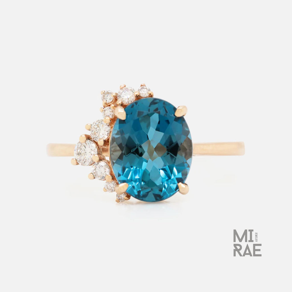 Natural London Blue Topaz & Diamond Ring | Serene Blue Gemstone Statement Ring | Elegant Halo Engagement Ring