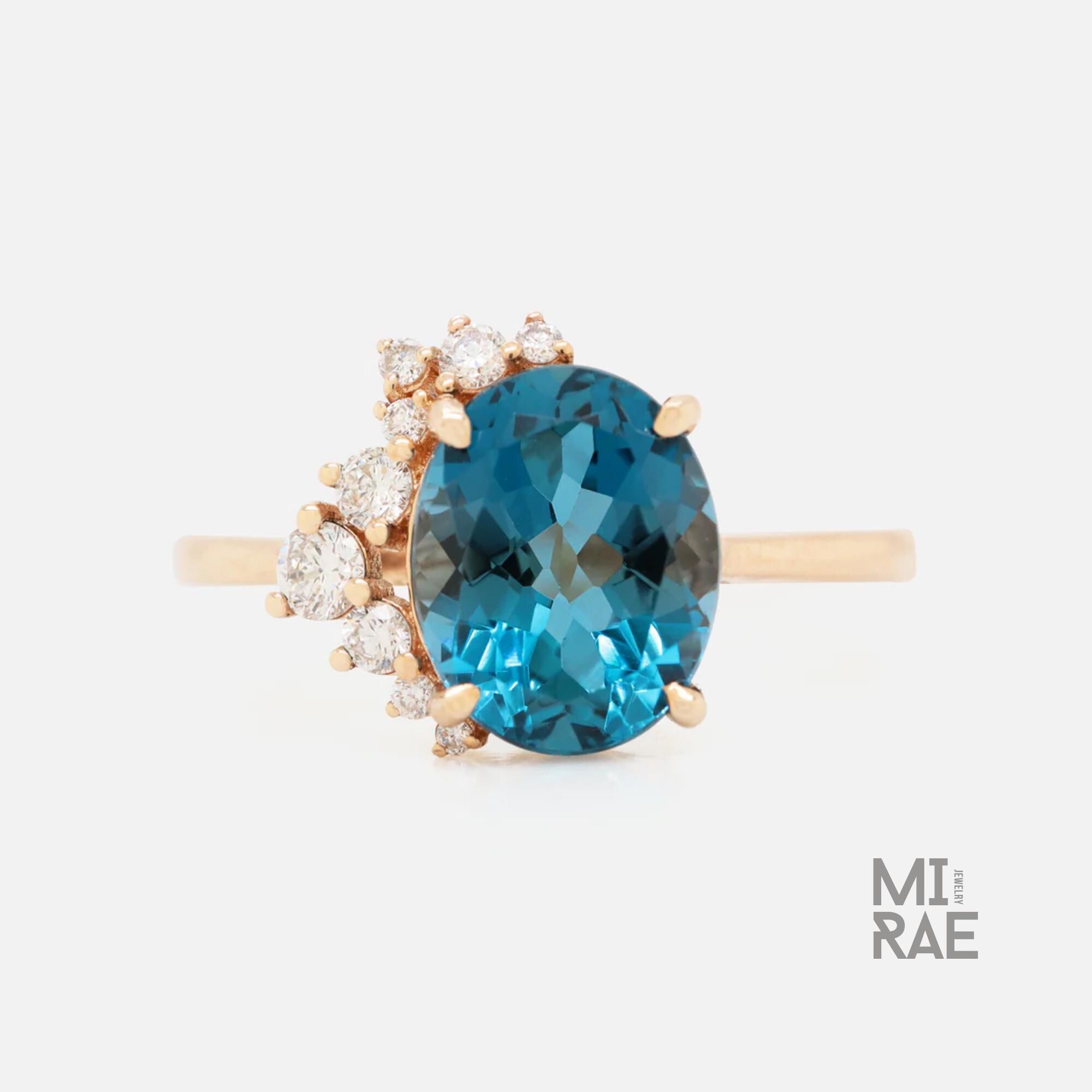 Natural London Blue Topaz & Diamond Ring | Serene Blue Gemstone Statement Ring | Elegant Halo Engagement Ring