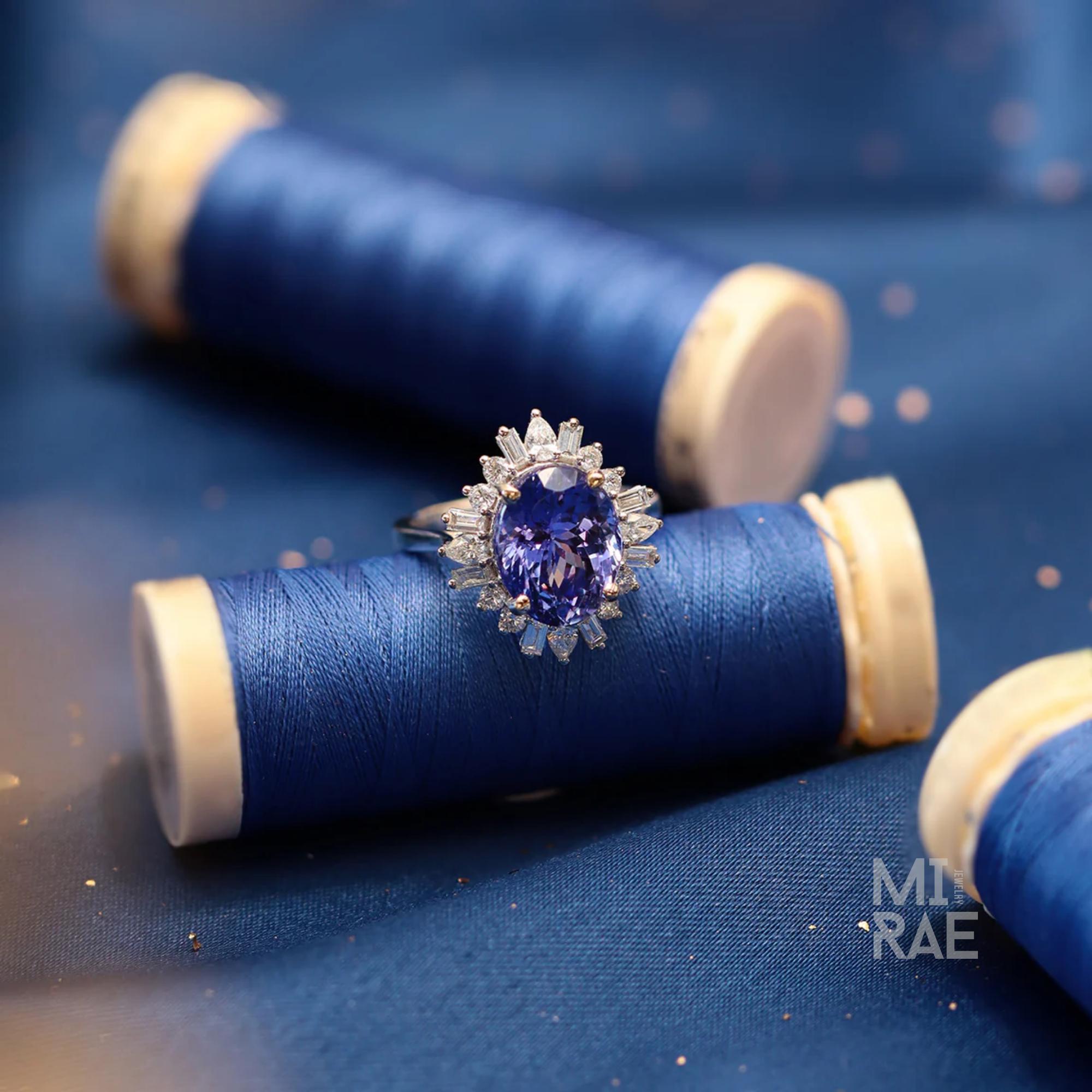 5 Carat Oval Tanzanite & Lab Diamond Halo Ring: 14k Gold Cocktail Ring