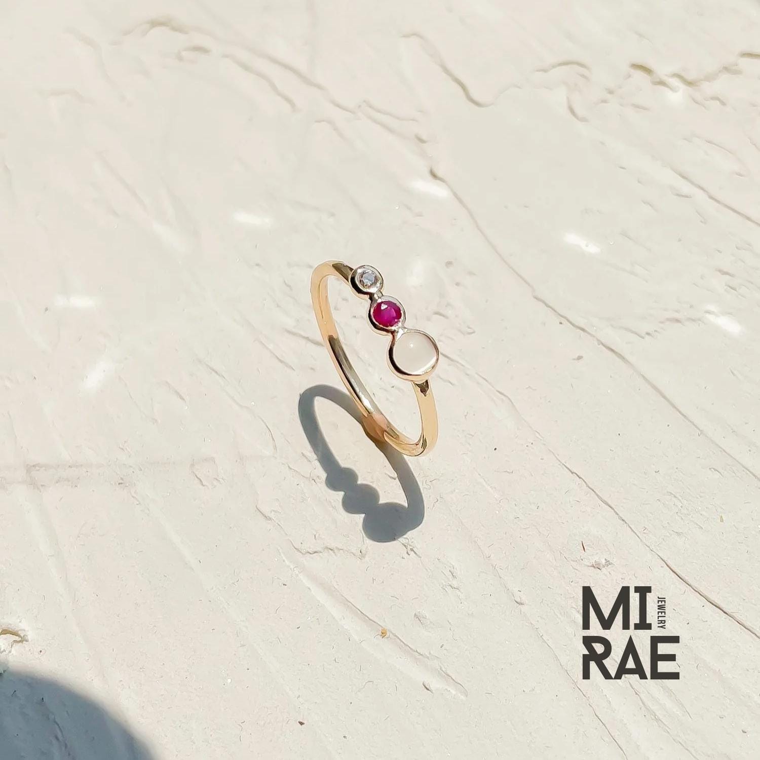 Moonstone Ruby Diamond 14K Gold Ring: Three Stone Wedding Band