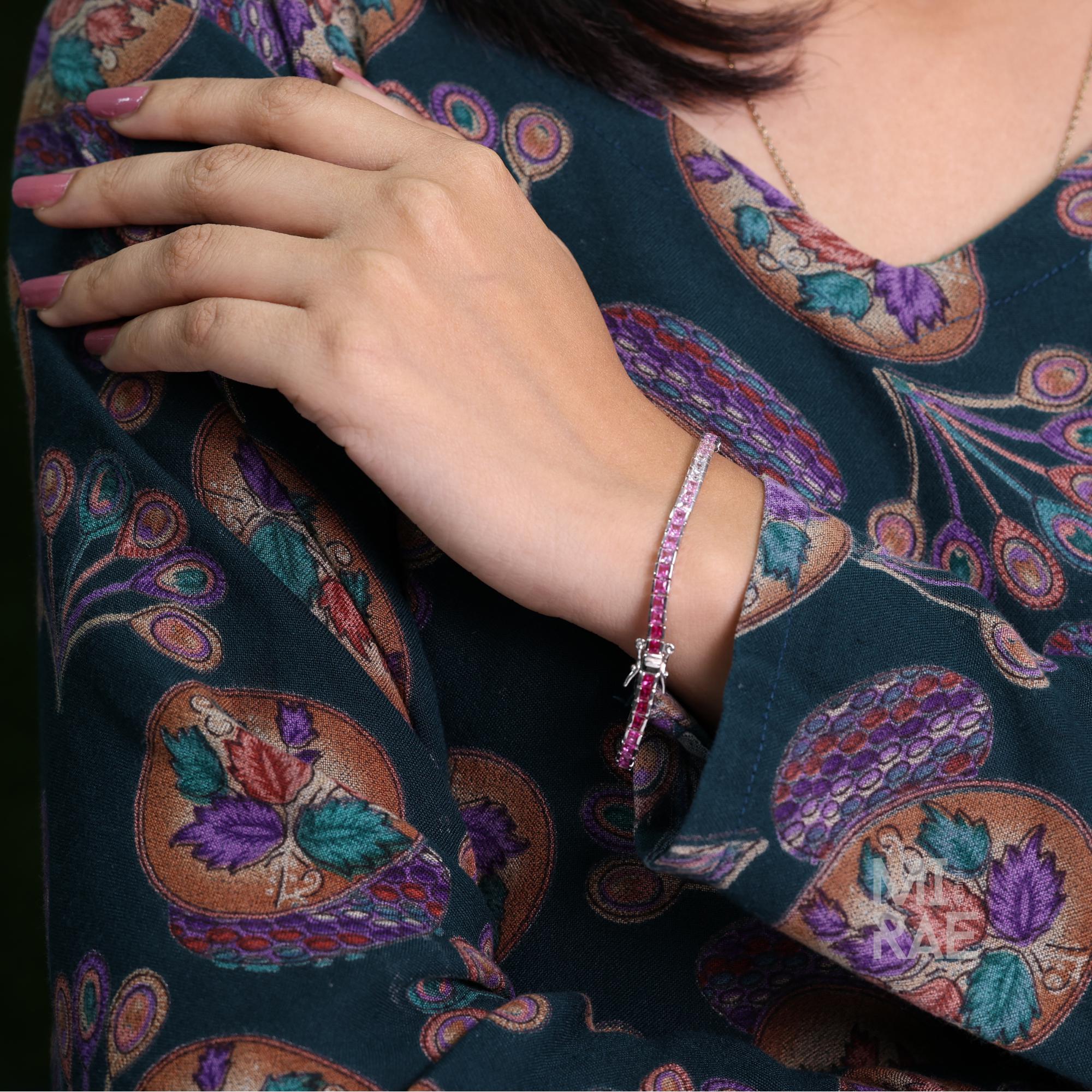 Sterling Silver Pink Sapphire Square Tennis Bracelet