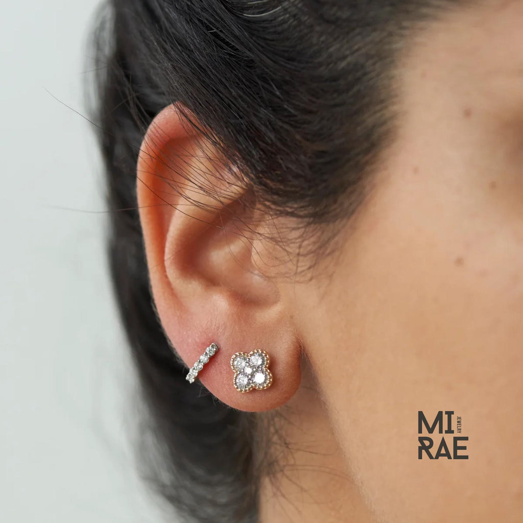 14K Gold Diamond Clover Stud Earrings: Dainty Floral Design