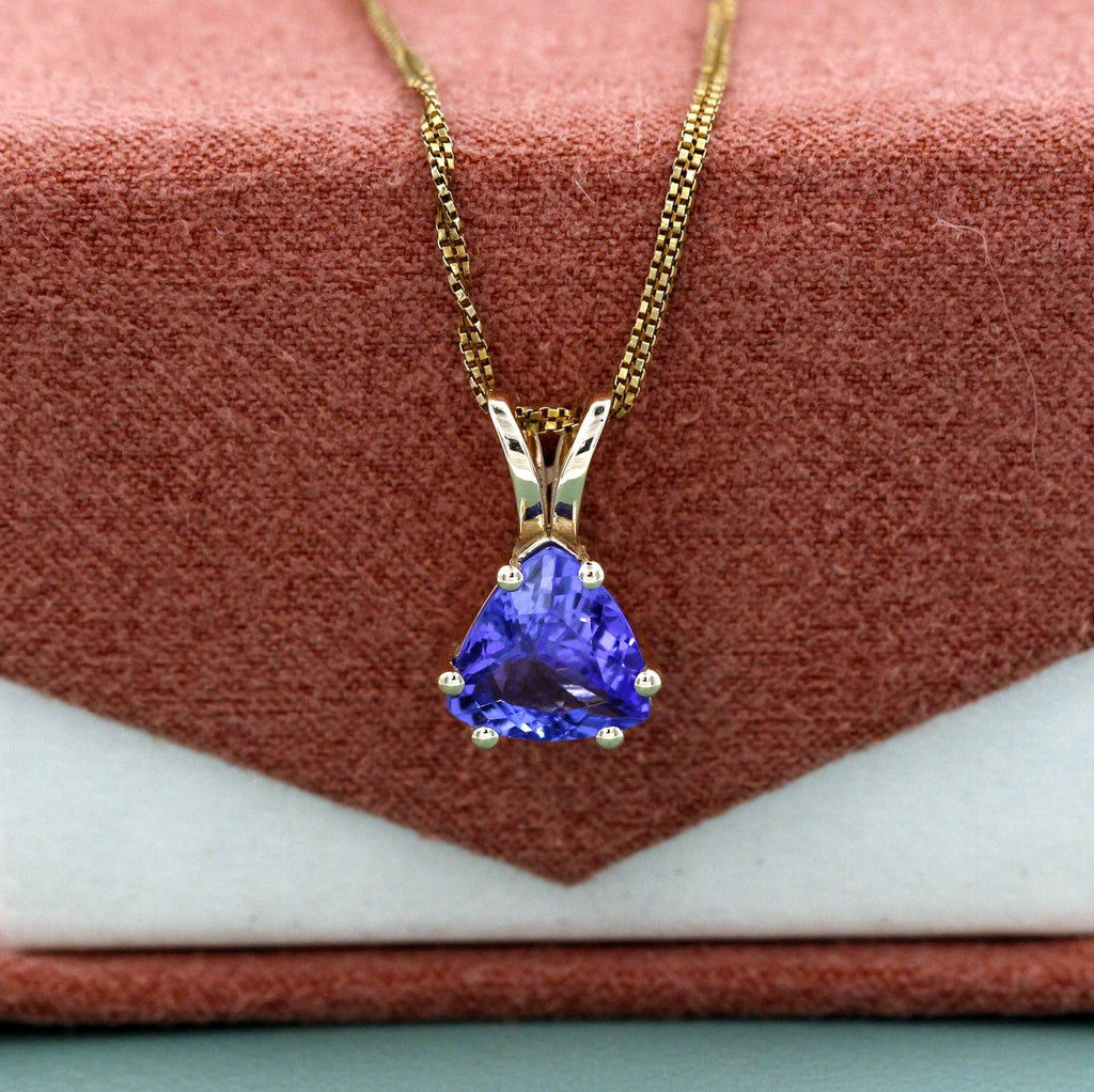 Trillion Cut Tanzanite Pendant | Natural Blue Violet Gemstone Jewelry | 2 Carat Solitaire 14K Yellow Gold Charm Necklace
