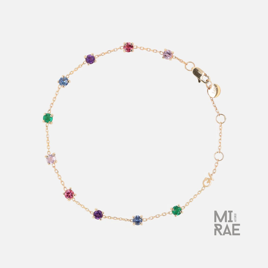 Colorful Rainbow Gemstone Chain Link Bracelet | Multi Color Natural Stone Bracelet | 14K Gold Adjustable Bracelet