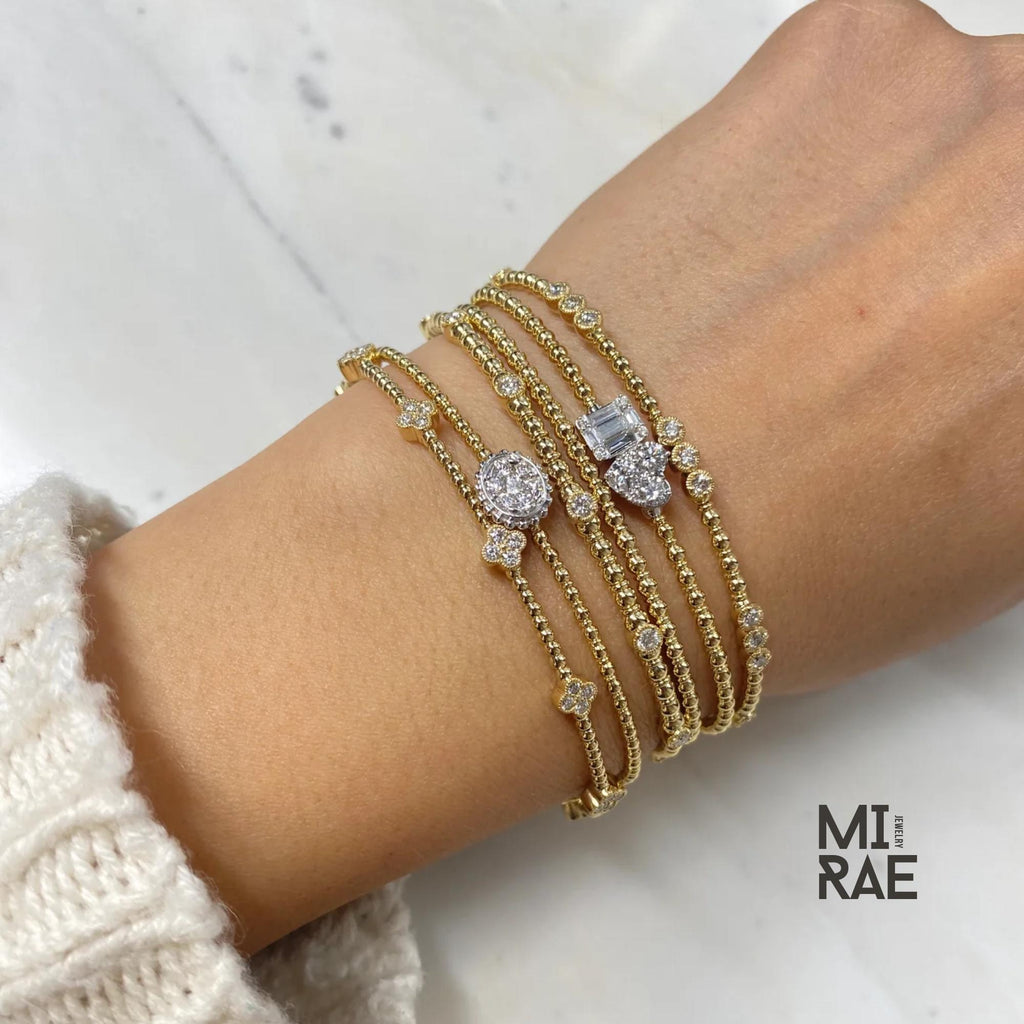 1TCW Lab Grown Diamond Clover Bracelet: 14k Gold Beaded Bangle