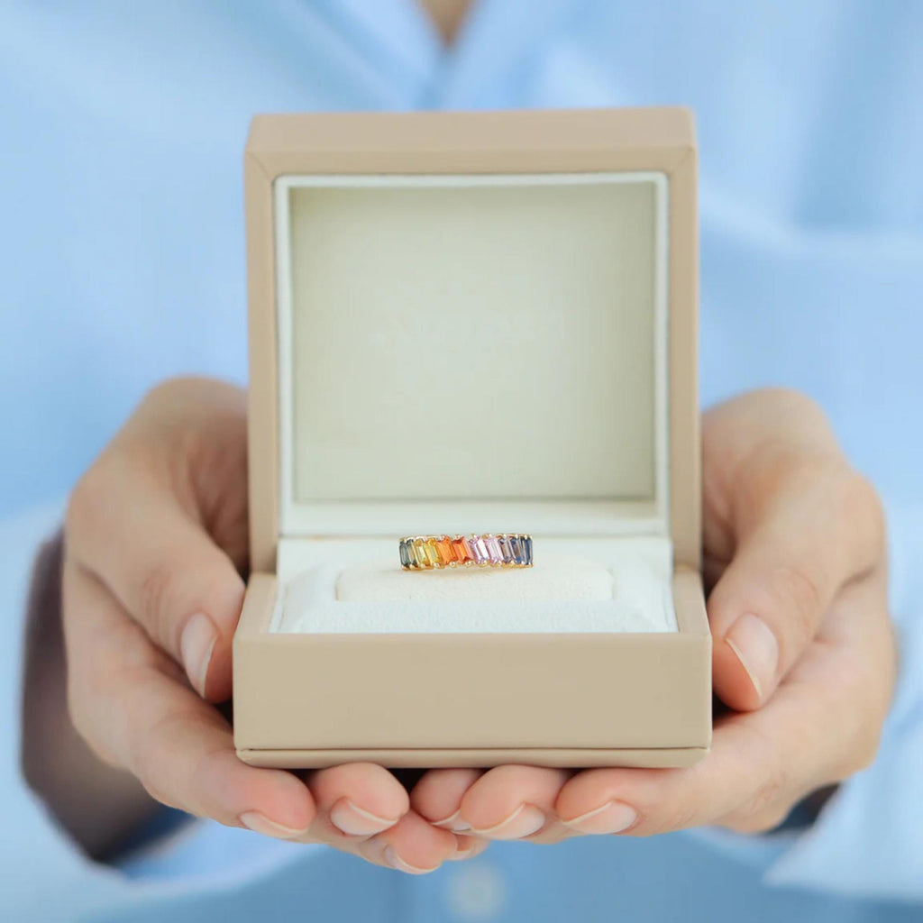 Rainbow Natural Sapphire Ring | Prismatic 14K Yellow Gold Multicolor Gemstone Ring | Bold Gradient Statement Jewelry