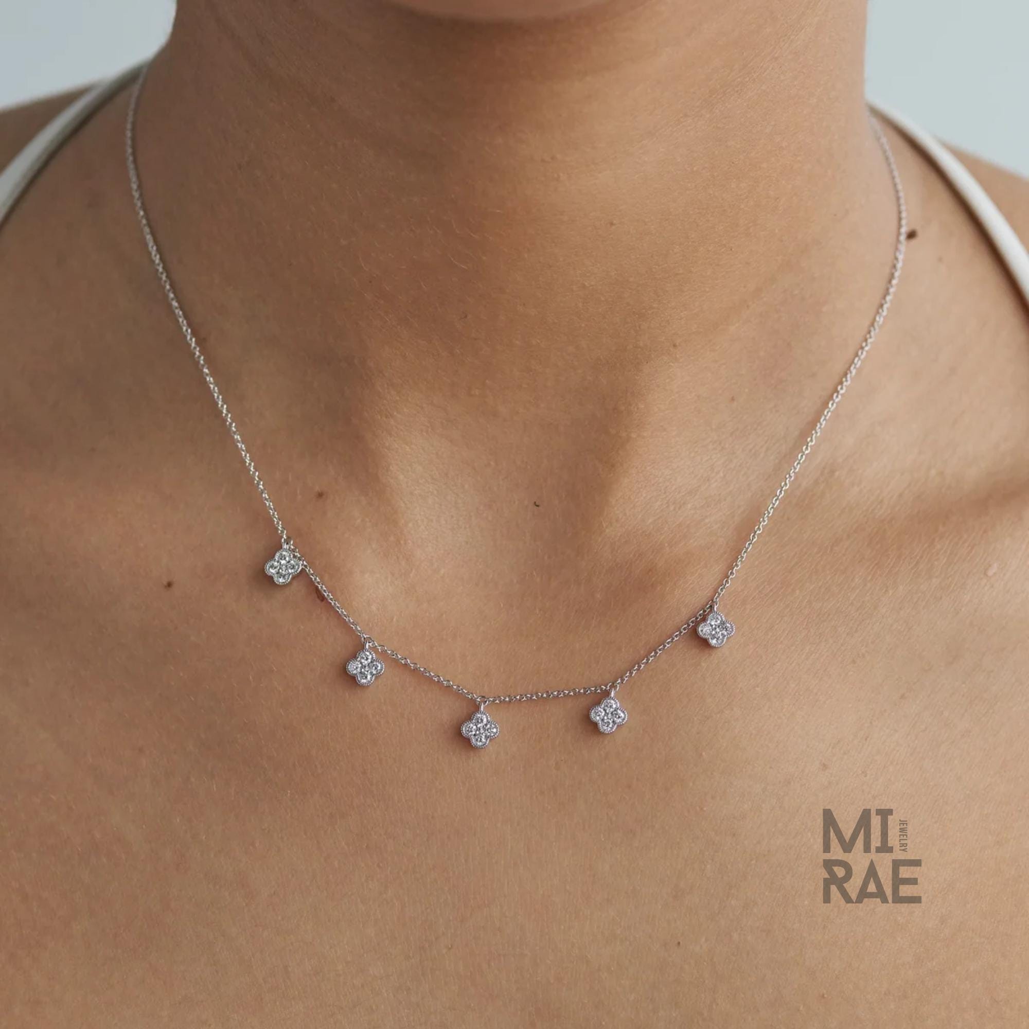 Clover Dainty Station Necklace 14K Gold Lab Grown Diamond