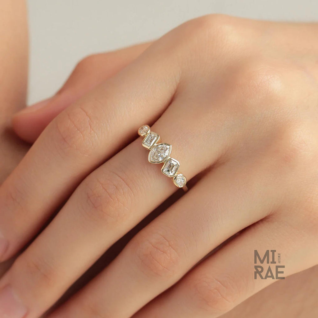 Marquise Oval Emerald Diamond Band | Multi Shape Lab Diamond Ring | Bezel Set Half Eternity Wedding Band