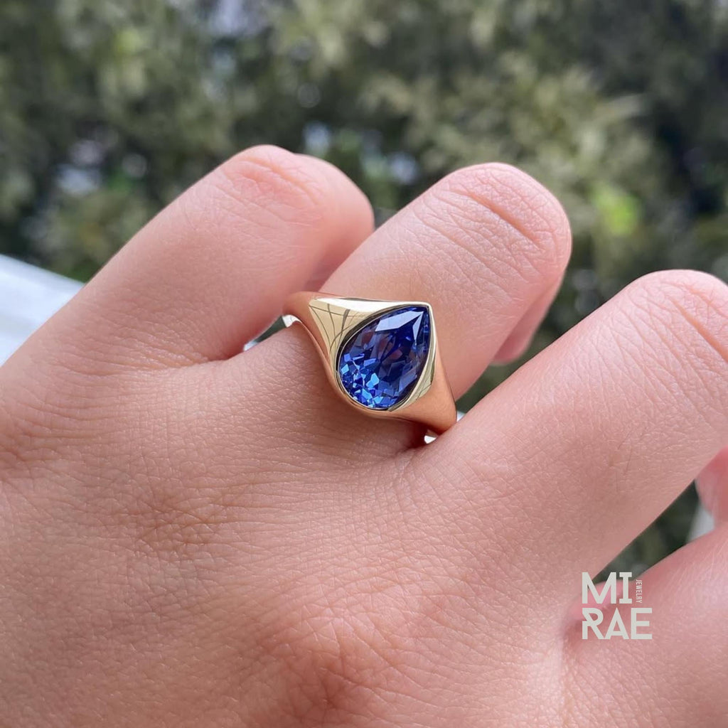 Pear Sapphire Signet Ring: 14K Yellow Gold Teardrop, Bezel Set