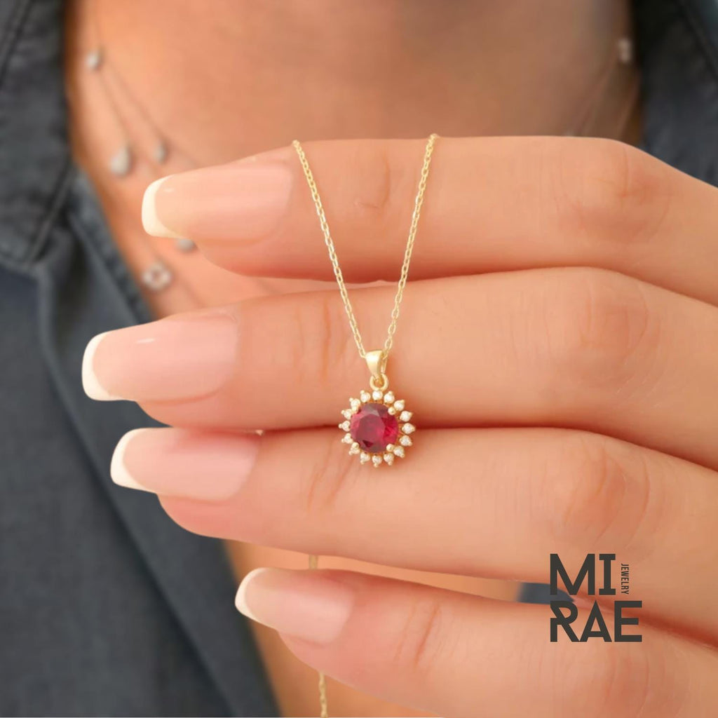 Red Ruby Moissanite Pendant: 10K Gold July Birthstone Necklace