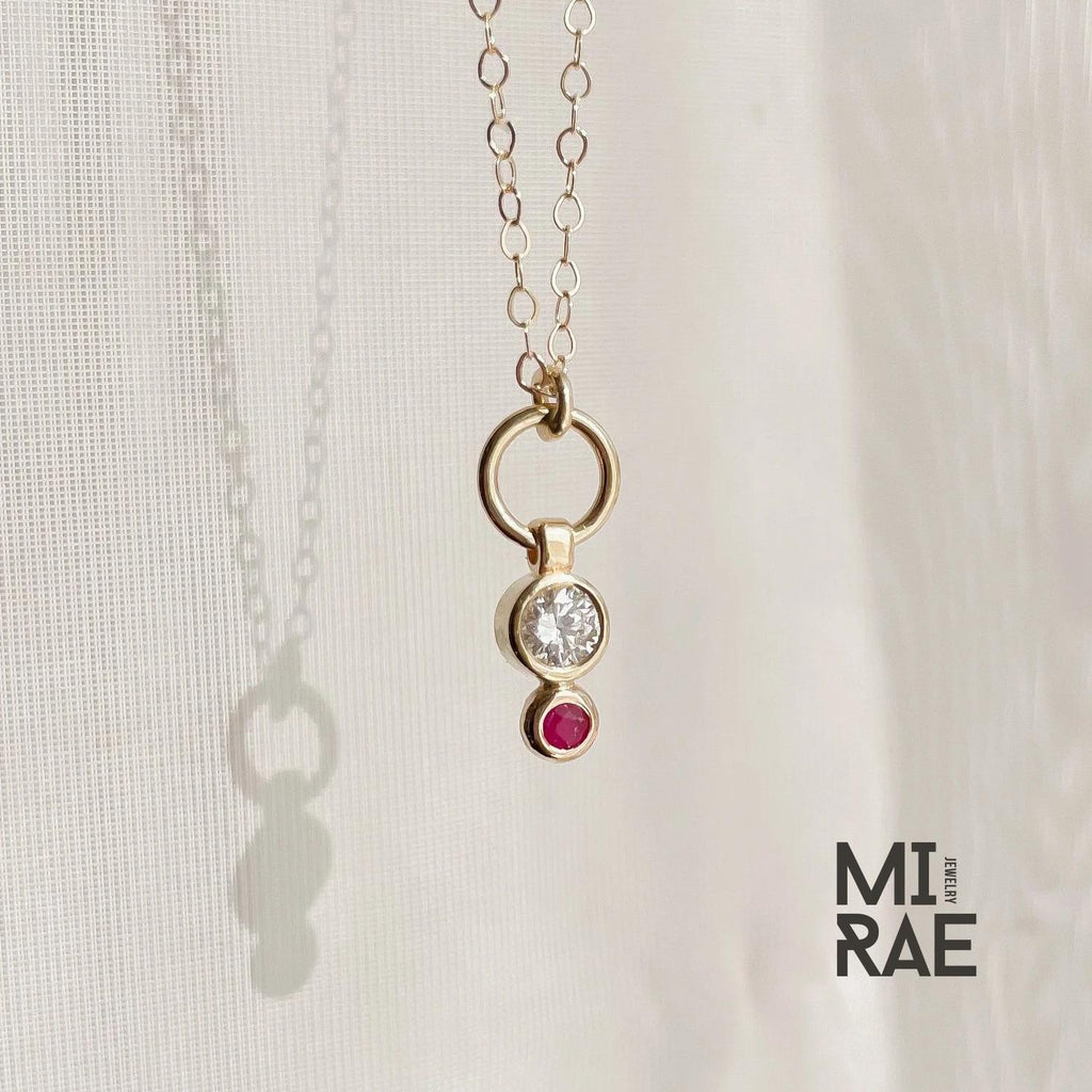Dainty 14K Gold Diamond & Ruby Pendant Necklace: Minimalist Bezel Charm