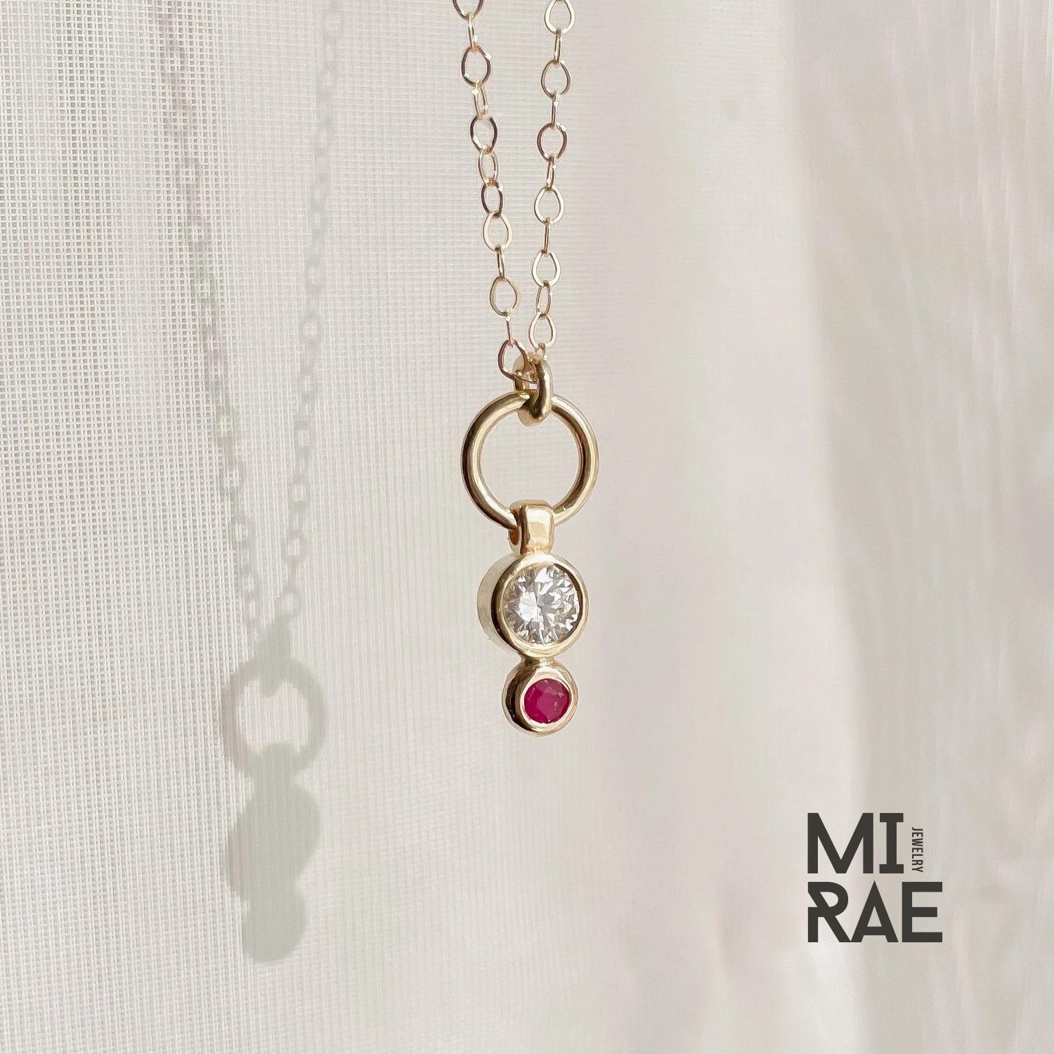 Dainty 14K Gold Diamond & Ruby Pendant Necklace: Minimalist Bezel Charm