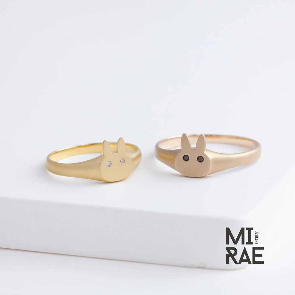10K Gold Bunny Signet Ring: Diamond or Ruby Accent, Dainty Animal Jewelry
