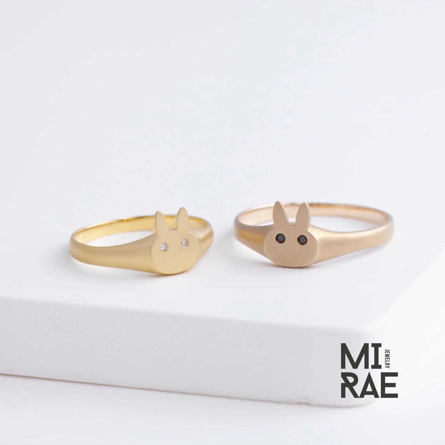 10K Gold Bunny Signet Ring: Diamond or Ruby Accent, Dainty Animal Jewelry