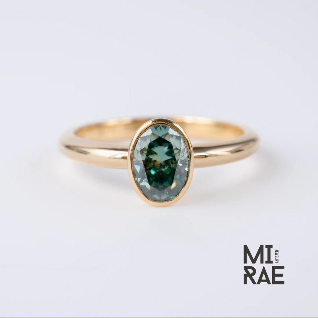 Teal Green Moissanite Ring Oval Cut 14K Yellow Gold Bezel Ring