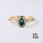 Teal Green Moissanite Ring Oval Cut 14K Yellow Gold Bezel Ring
