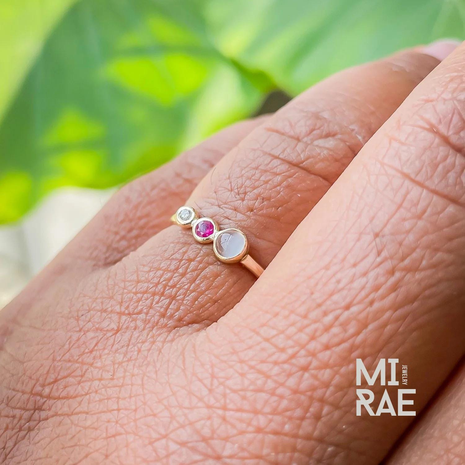 Moonstone Ruby Diamond 14K Gold Ring: Three Stone Wedding Band