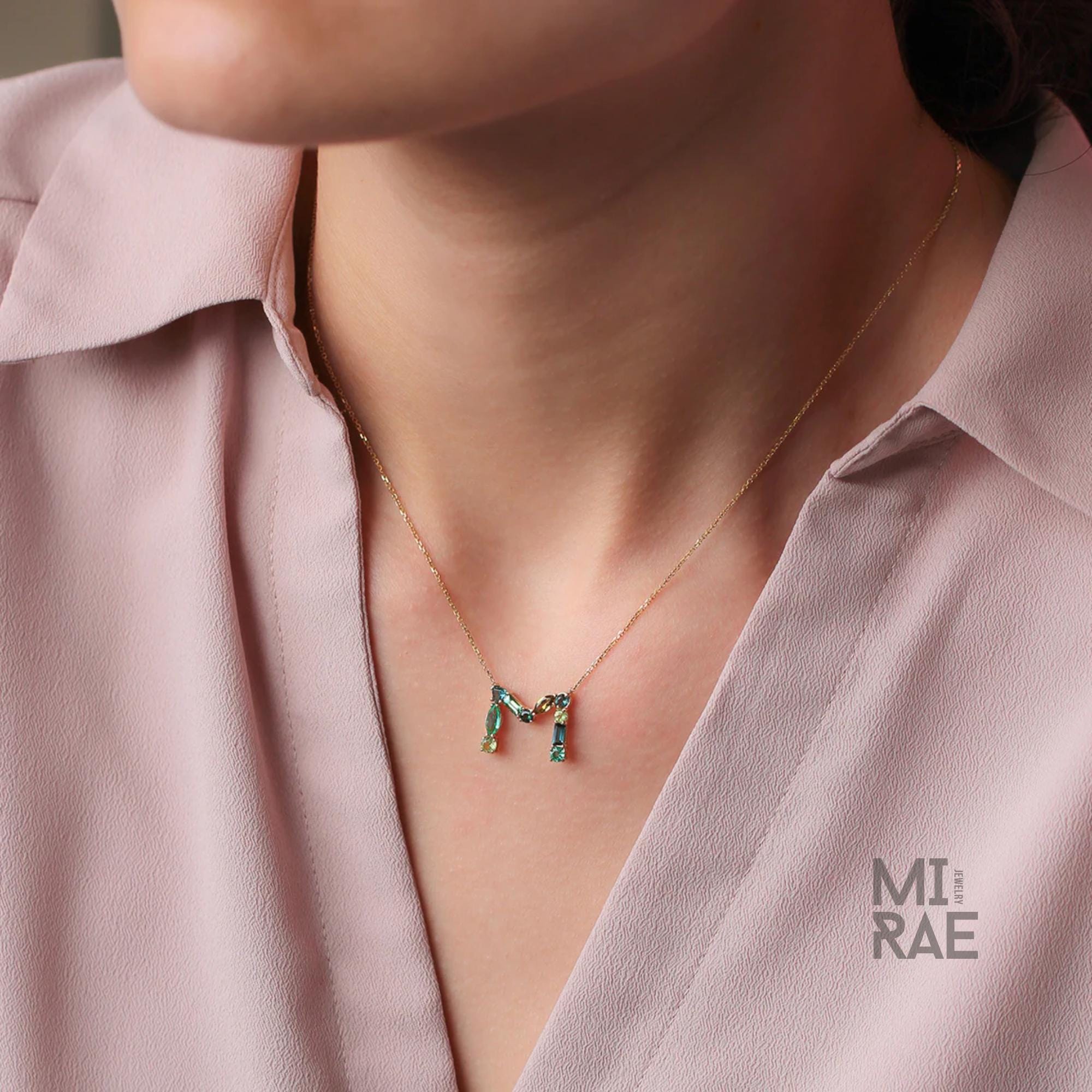 Personalized Initial Pendant Necklace | Multi Natural Gemstone Letter Necklace | Handmade Birthstone Jewelry