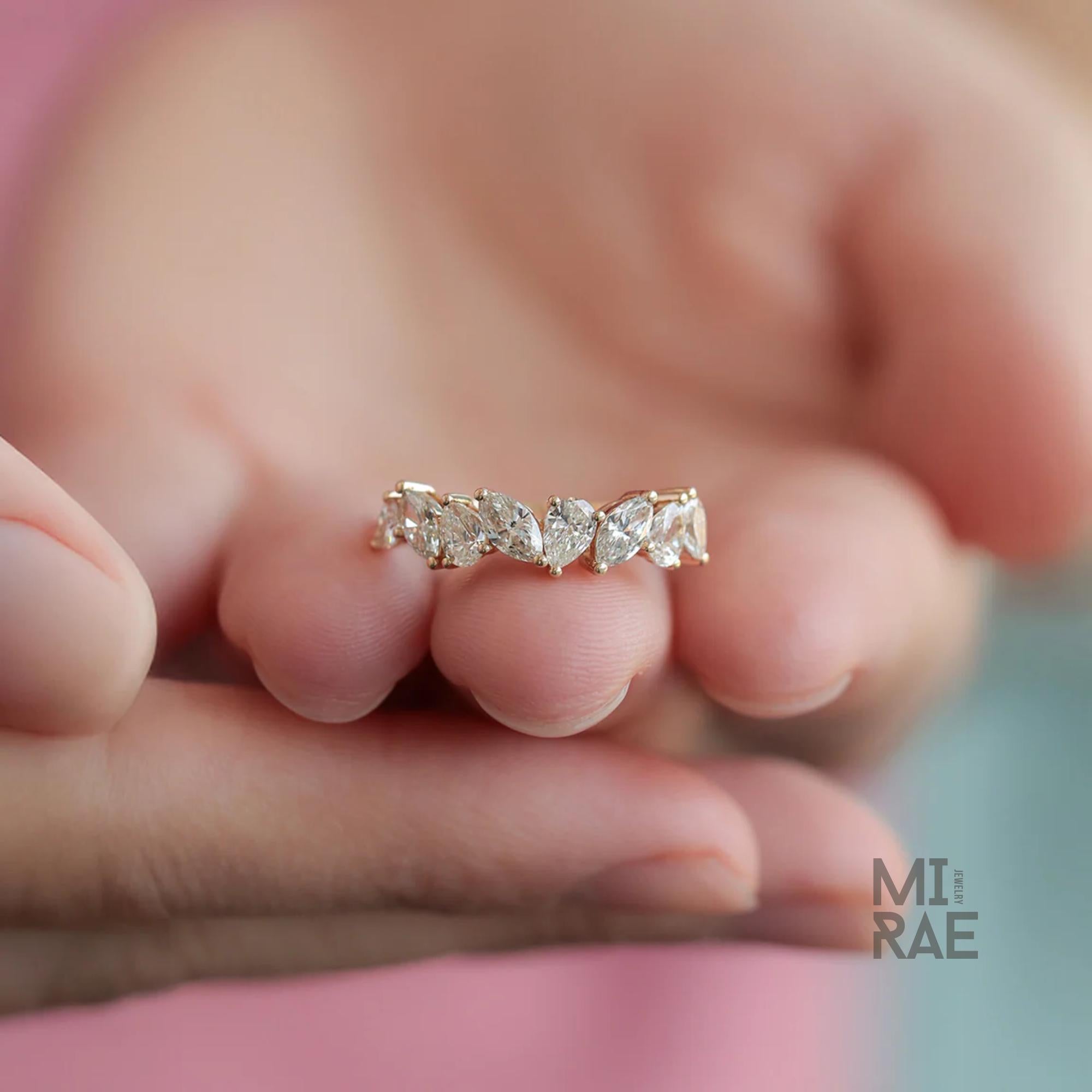 Lab Grown Diamond Half Eternity Band Marquise and Pear Cut Diamond Wedding Band for Women