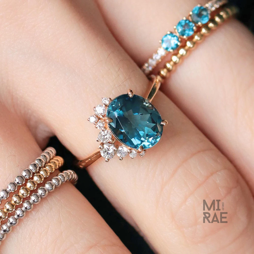 Natural London Blue Topaz & Diamond Ring | Serene Blue Gemstone Statement Ring | Elegant Halo Engagement Ring