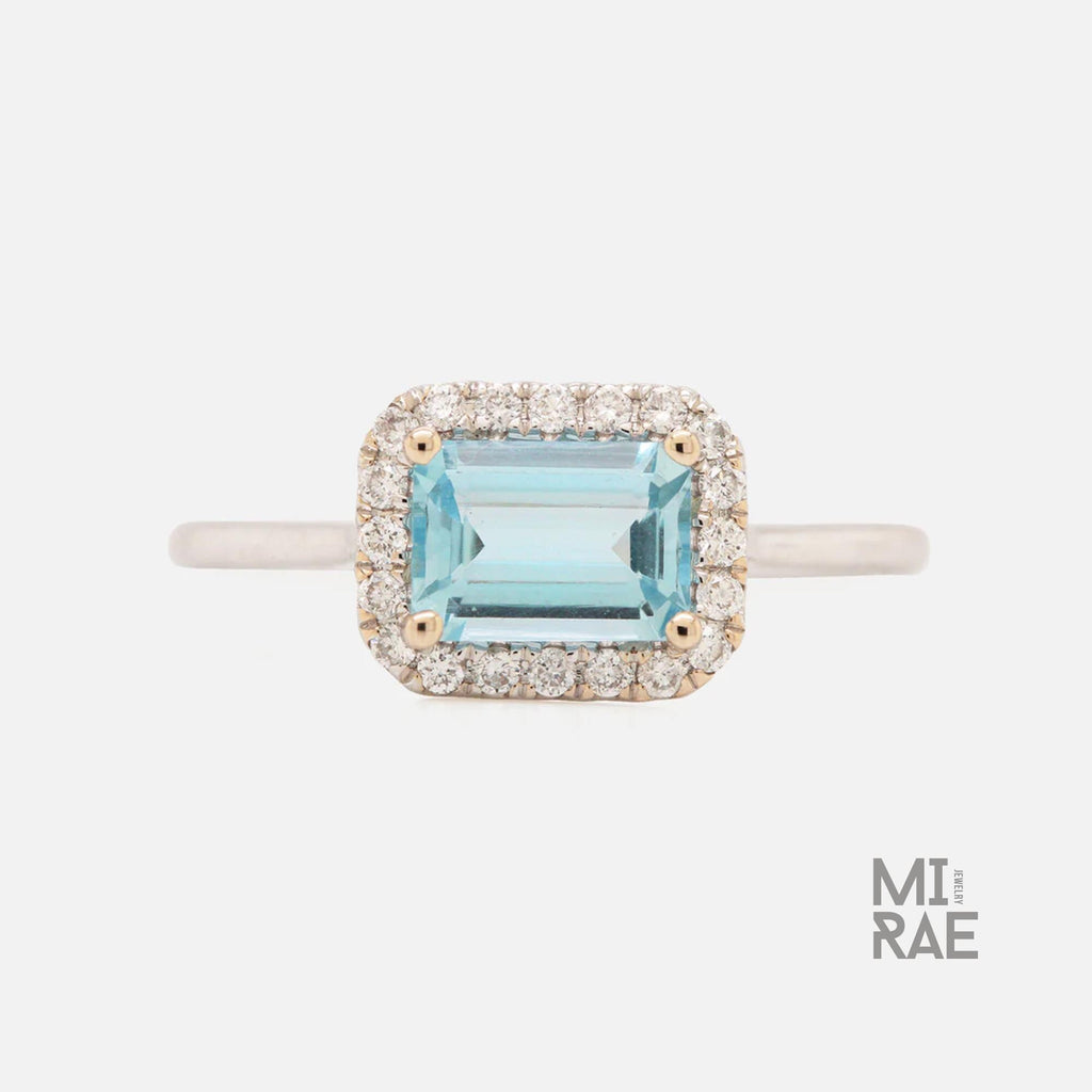 Royal East West Aquamarine Ring | Emerald Cut Halo Diamond Ring | 14K Gold Statement Ring