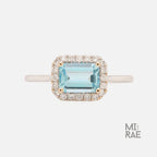 Royal East West Aquamarine Ring | Emerald Cut Halo Diamond Ring | 14K Gold Statement Ring