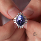 5 Carat Oval Tanzanite & Lab Diamond Halo Ring: 14k Gold Cocktail Ring