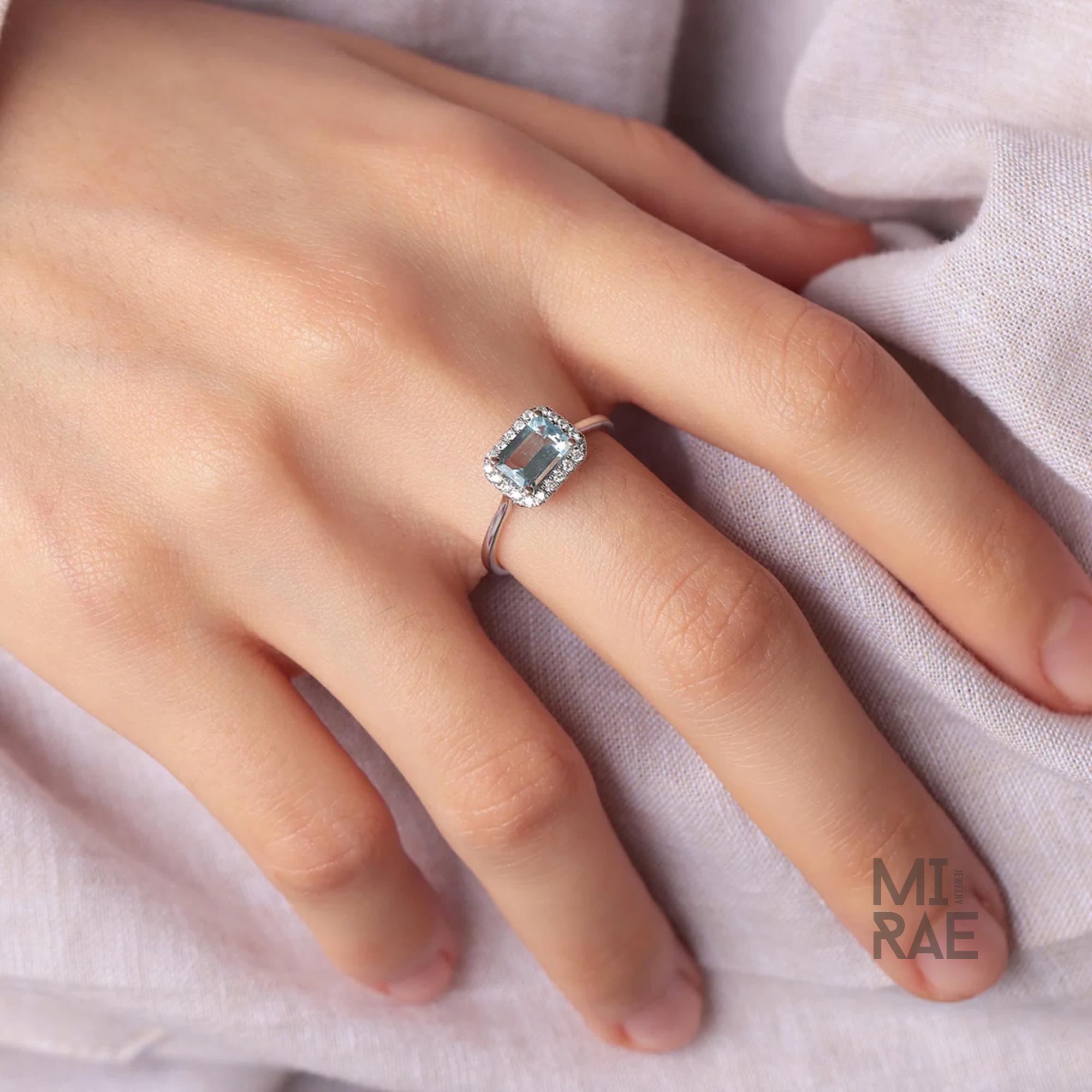 Royal East West Aquamarine Ring | Emerald Cut Halo Diamond Ring | 14K Gold Statement Ring