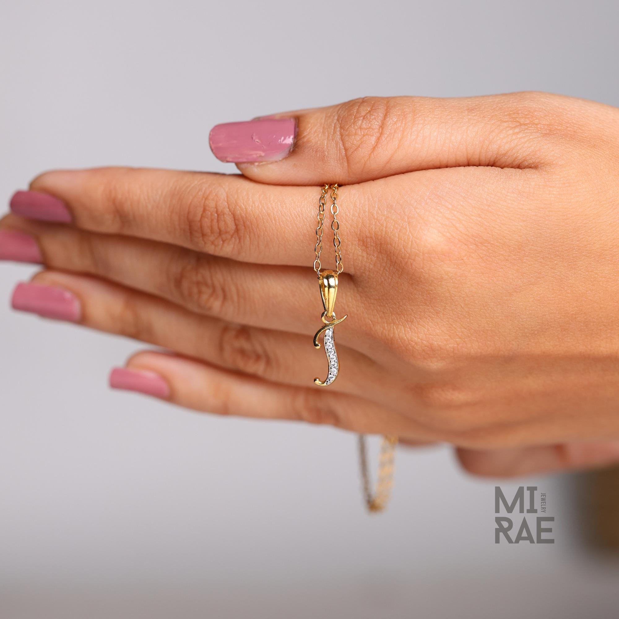 14k Gold Diamond Initial Necklace: Cursive Letter Pendant, Personalized Jewelry