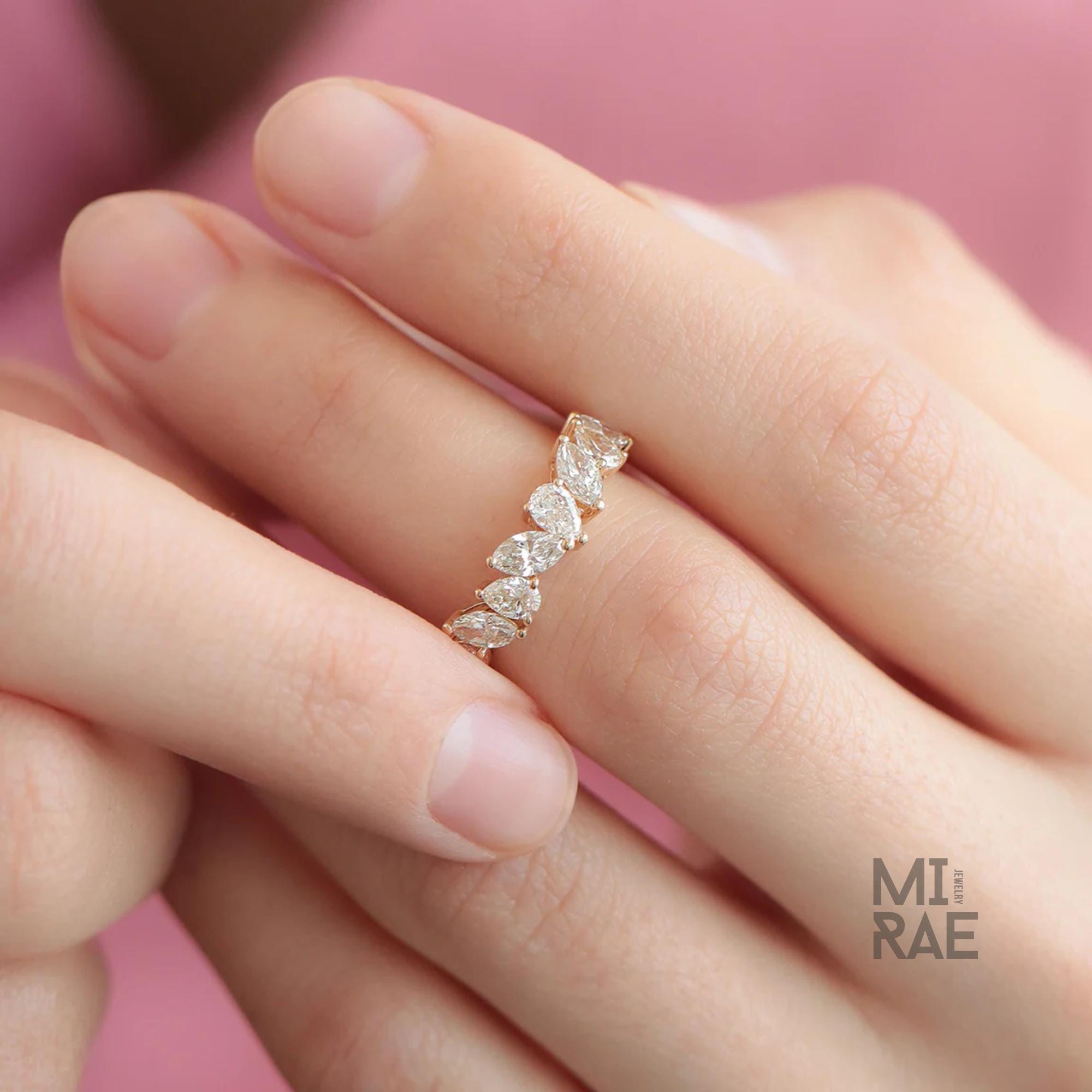 Lab Grown Diamond Half Eternity Band Marquise and Pear Cut Diamond Wedding Band for Women