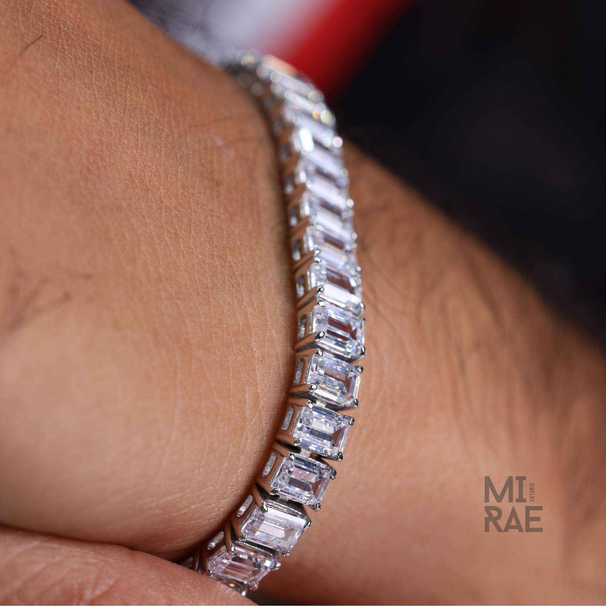 Men's Emerald Cut Cubic Zirconia Tennis Bracelet 925 Sterling Silver Adjustable 6-8 Inch – Unisex Modern Jewelry Gift