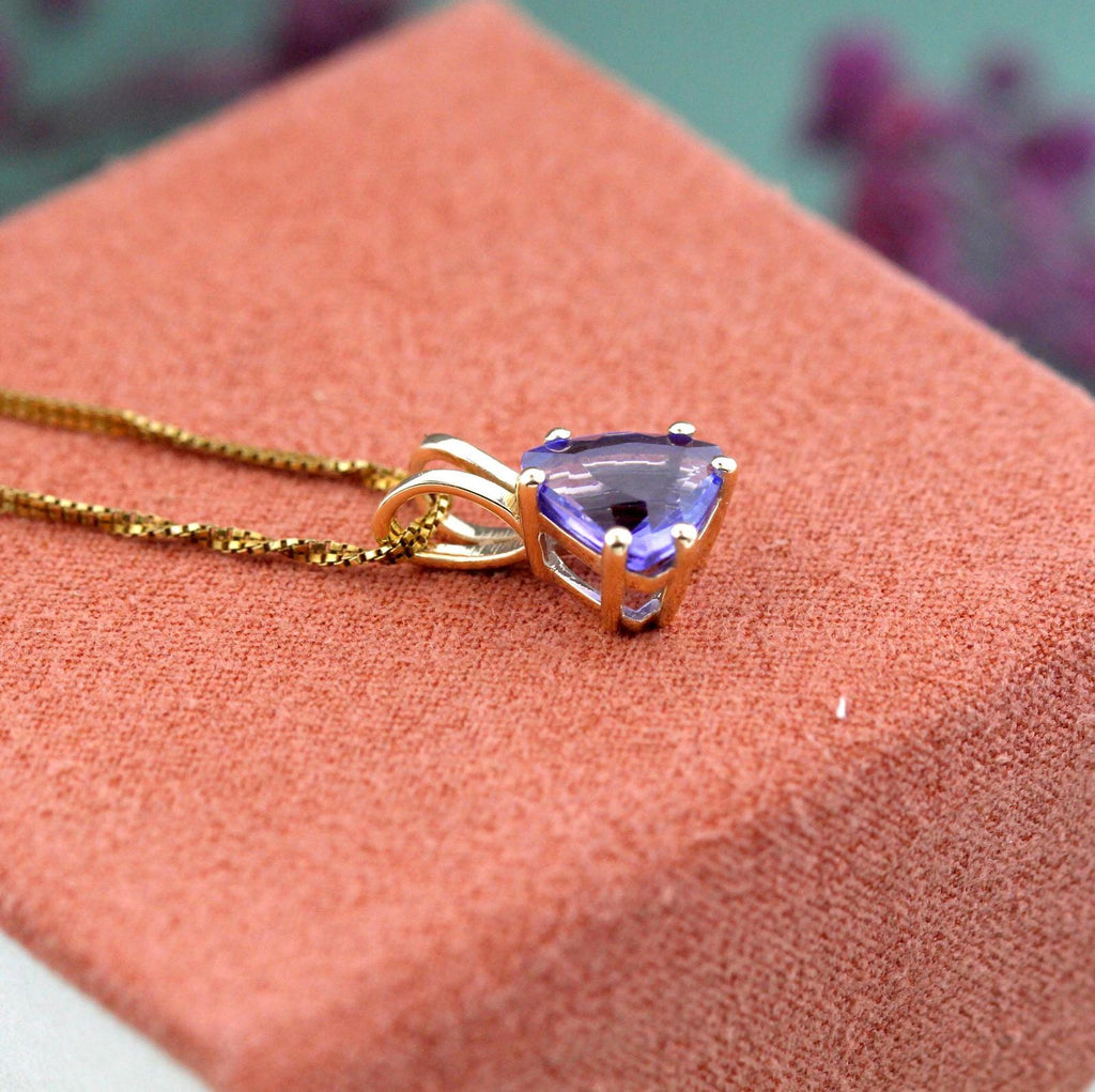 Trillion Cut Tanzanite Pendant | Natural Blue Violet Gemstone Jewelry | 2 Carat Solitaire 14K Yellow Gold Charm Necklace