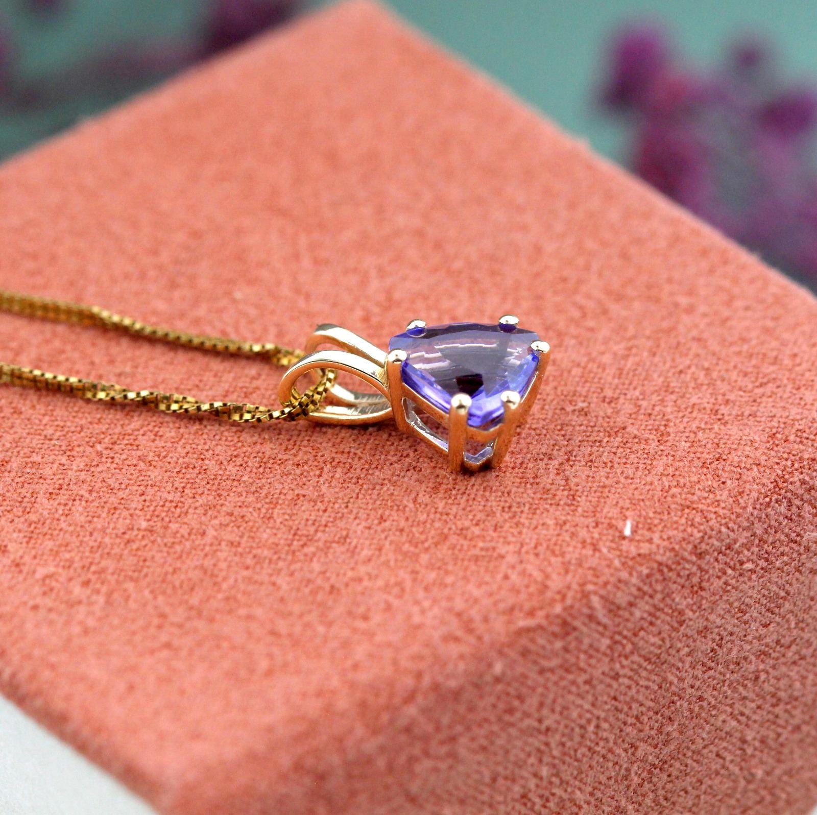 Trillion Cut Tanzanite Pendant | Natural Blue Violet Gemstone Jewelry | 2 Carat Solitaire 14K Yellow Gold Charm Necklace