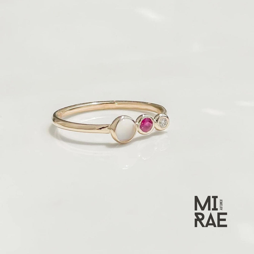 Moonstone Ruby Diamond 14K Gold Ring: Three Stone Wedding Band