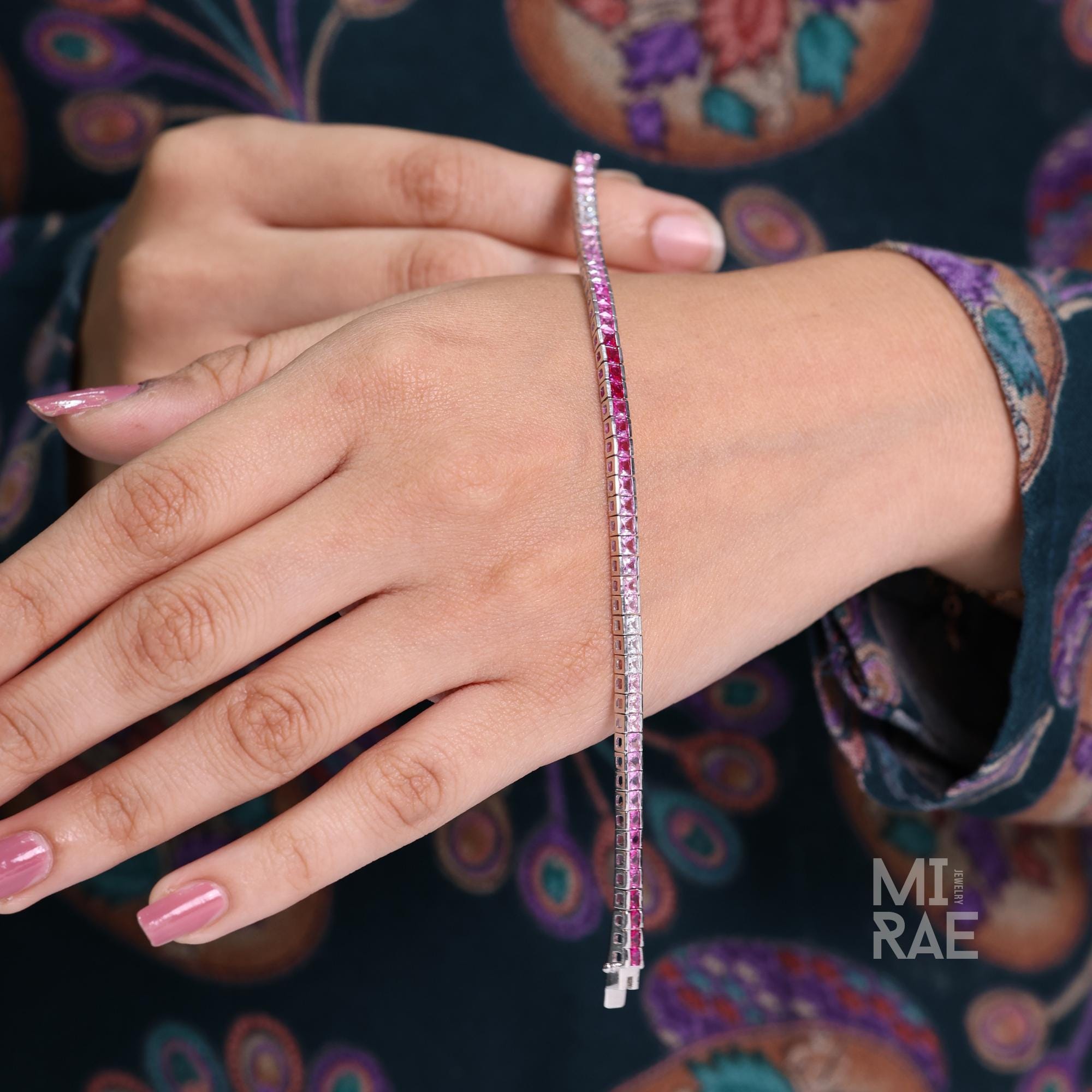 Sterling Silver Pink Sapphire Square Tennis Bracelet