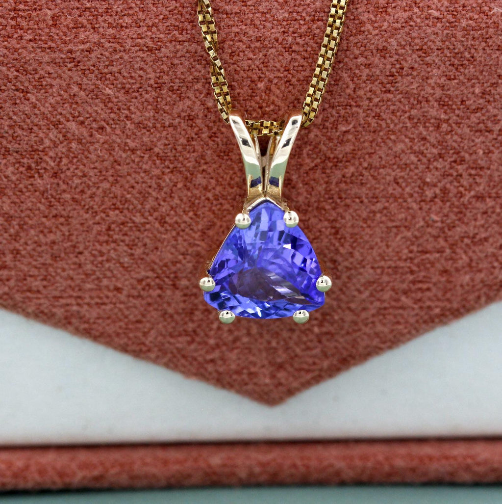 Trillion Cut Tanzanite Pendant | Natural Blue Violet Gemstone Jewelry | 2 Carat Solitaire 14K Yellow Gold Charm Necklace