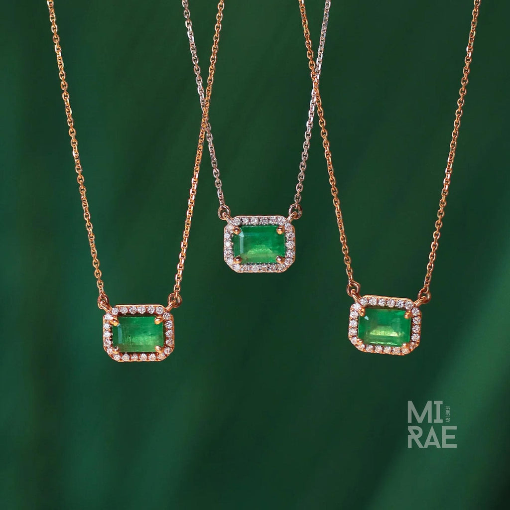 1 CT Natural Emerald Gemstone with Diamond Halo Pendant Necklace