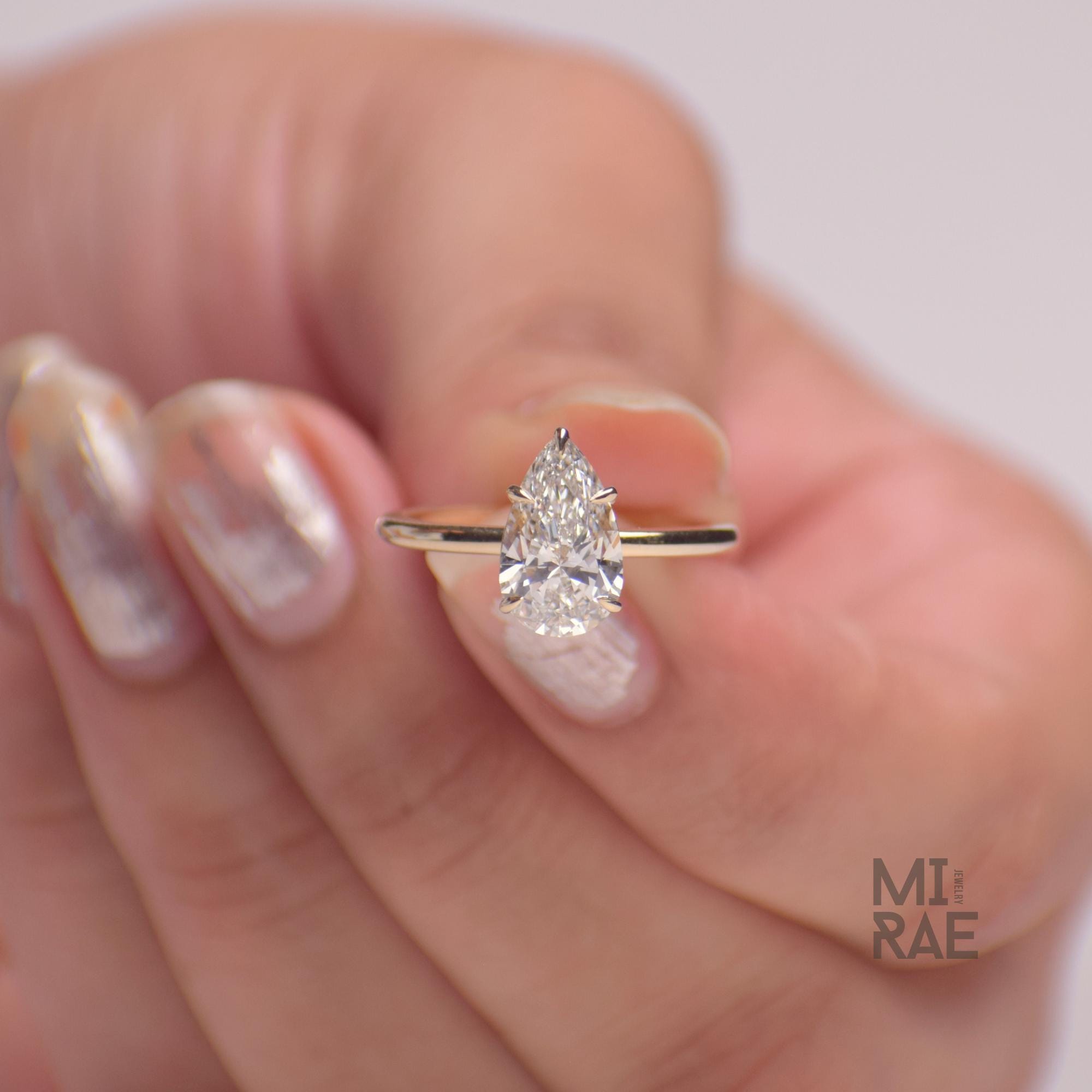 2 Carat Pear Cut Lab Grown Diamond Ring: 14K Gold Solitaire