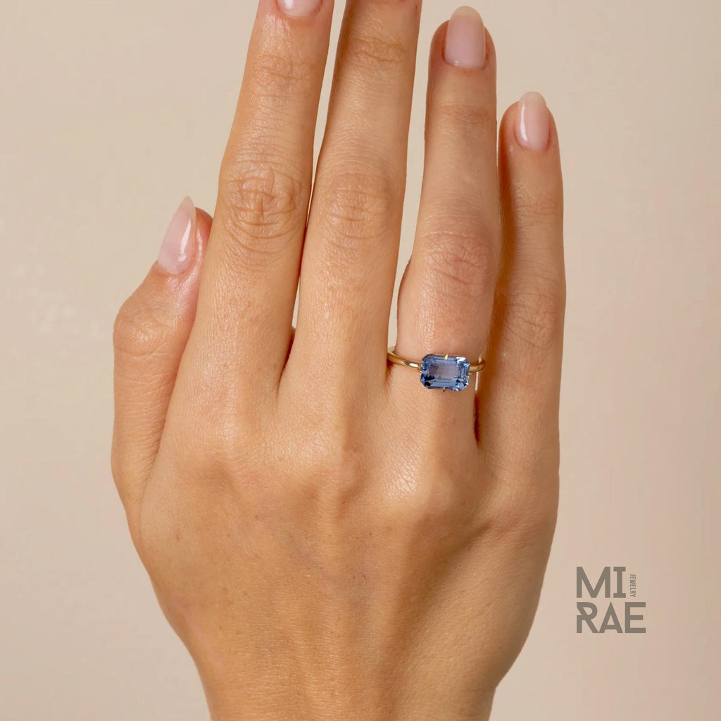 3.00 CT East West Emerald Cut Blue Sapphire Ring | Modern Sapphire Engagement Ring in 14k Gold | Unique Color Change Anniversary Gift