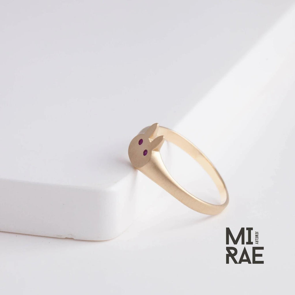 10K Gold Bunny Signet Ring: Diamond or Ruby Accent, Dainty Animal Jewelry