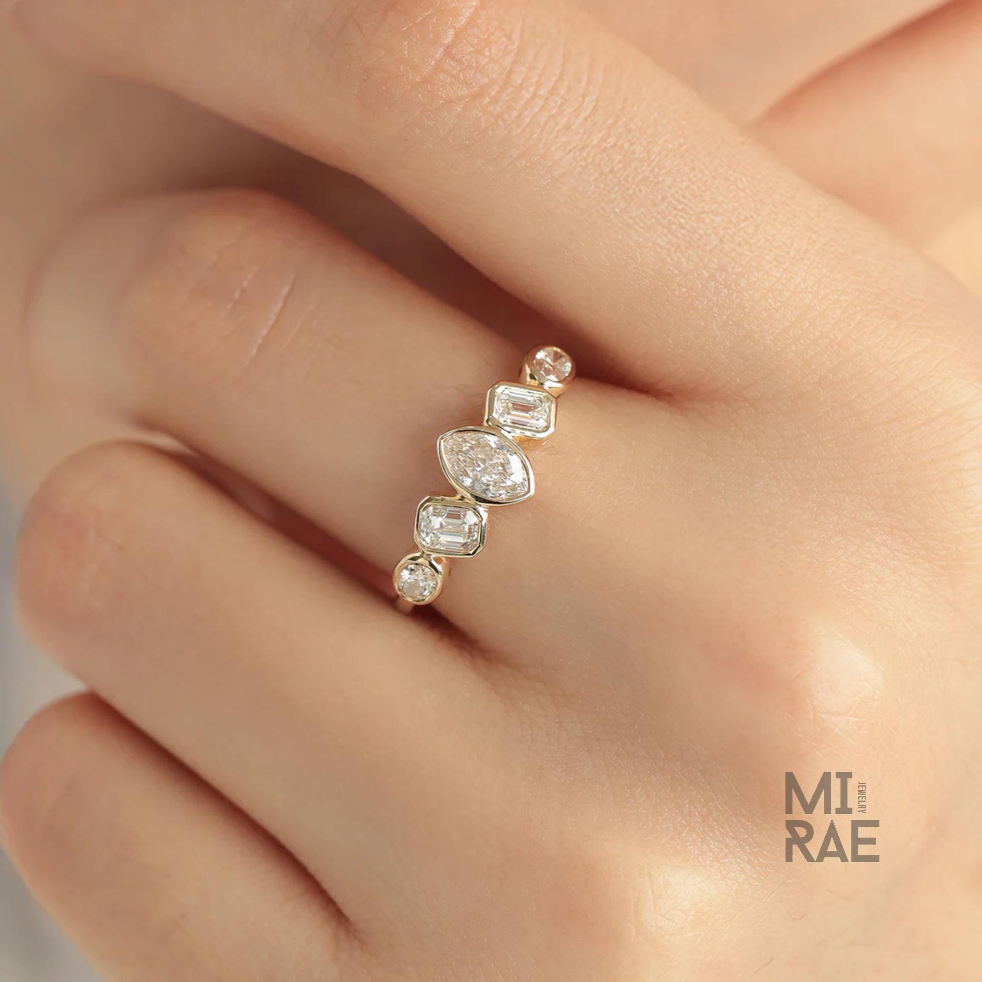 Marquise Oval Emerald Diamond Band | Multi Shape Lab Diamond Ring | Bezel Set Half Eternity Wedding Band