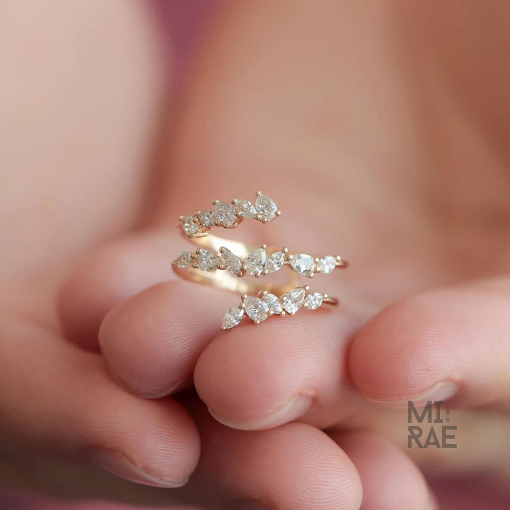 Marquise & Pear Lab Diamond Spiral Ring | Modern Twist Diamond Ring | Unique Stackable Ring