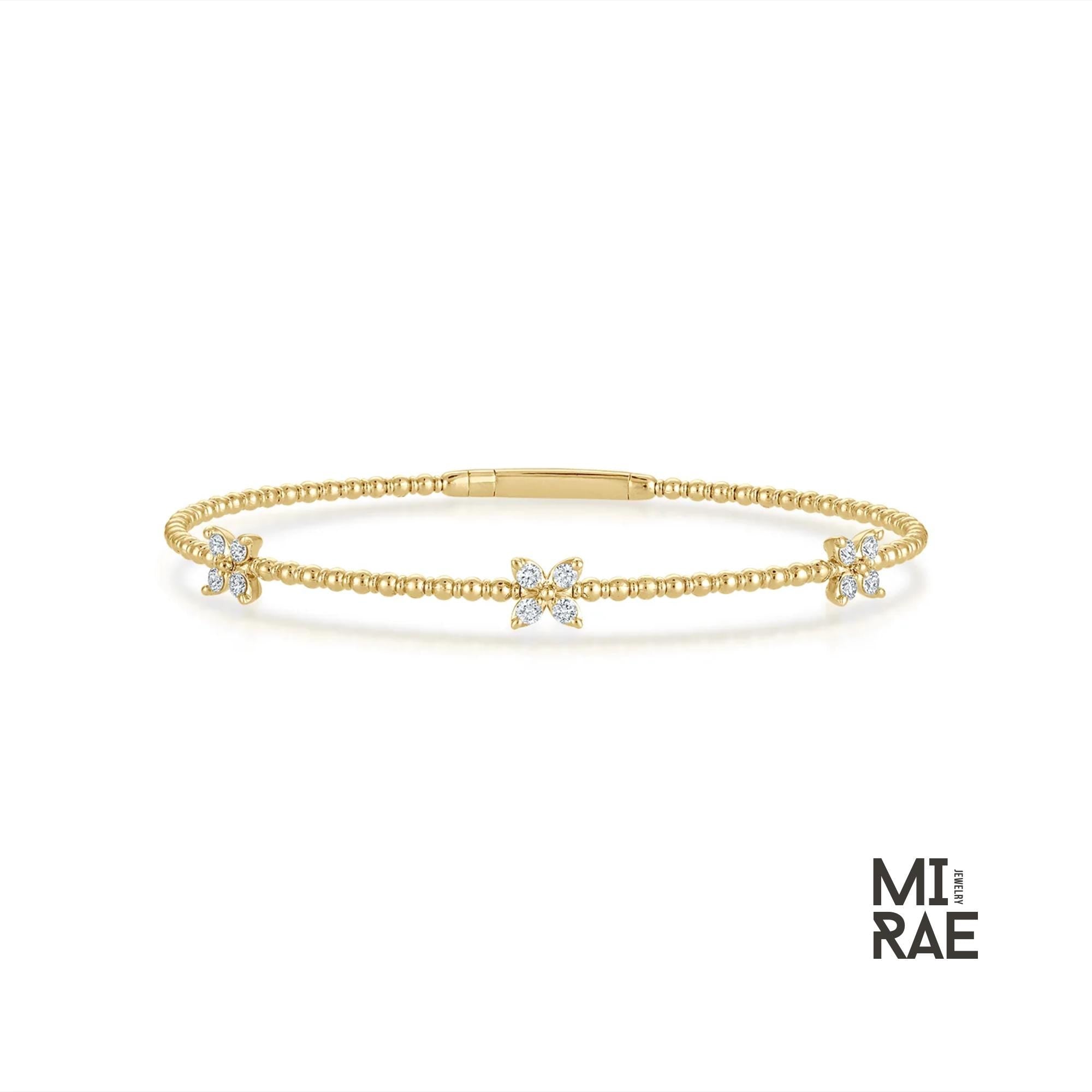 Beaded Diamond Butterfly Bracelet, Stackable Flower Bangle Bracelet, Premium 14K Solid Gold, Yellow White Rose, Flexible Diamond Bangle Gift